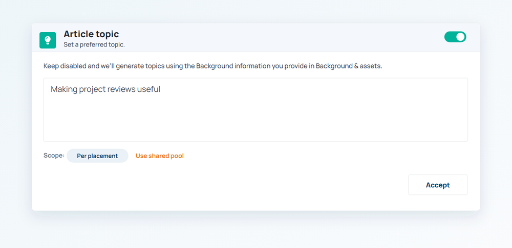 Order Setup Article Topic panel with an optional first-person project-review topic