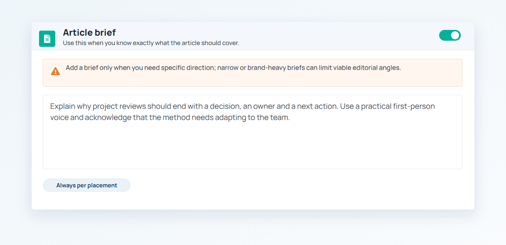 Order Setup Article Brief panel with specific direction for a first-person article
