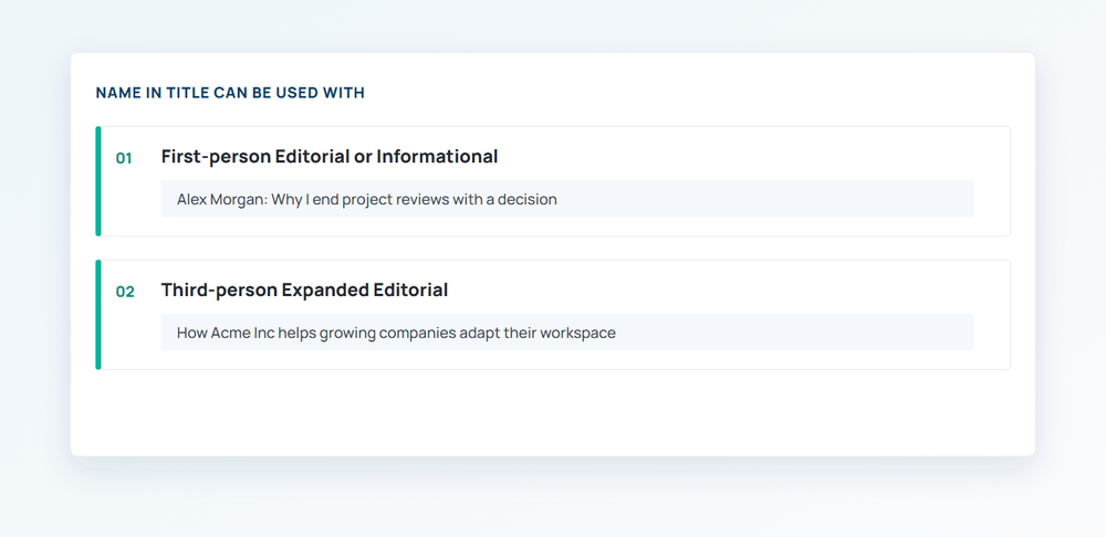 Name-in-title eligibility for first-person articles and third-person Expanded Editorial features
