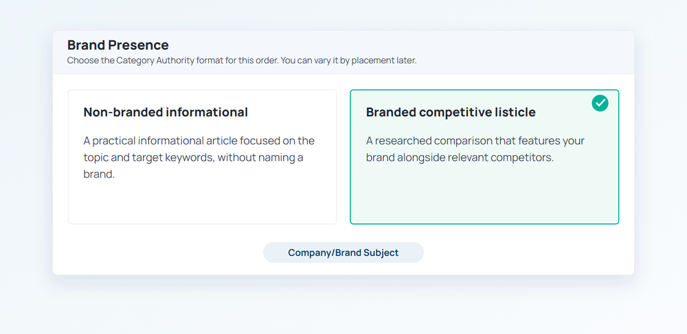 Order Setup Category Authority path with branded Competitive Listicle selected