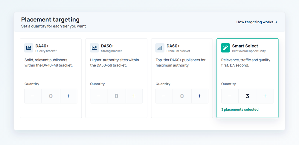 Order Setup placement targeting cards for DA tiers and Smart Select
