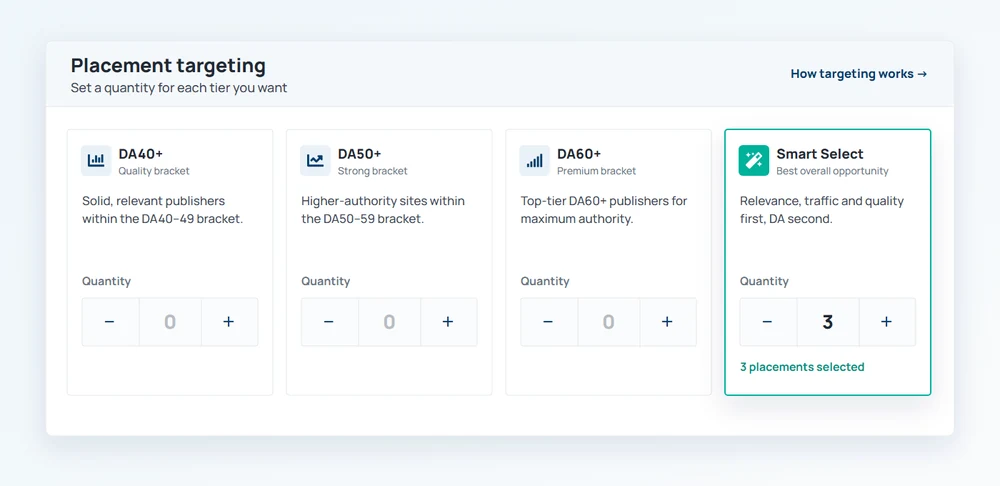 Order Setup placement targeting cards for DA tiers and Smart Select