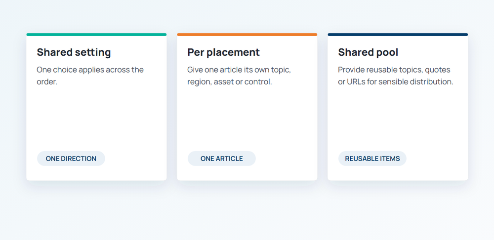 Shared settings, per-placement overrides and reusable pools in one order