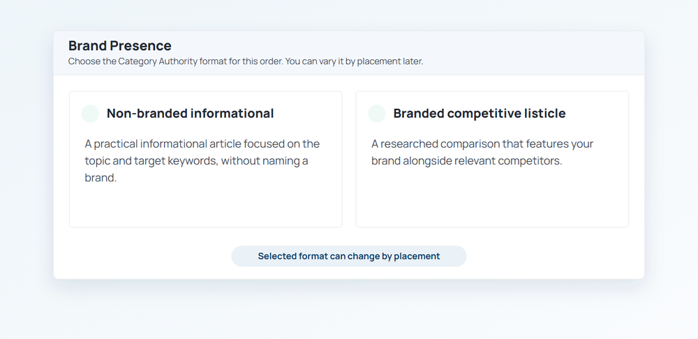 Order Setup Category Authority choices for non-branded informational and branded comparison work