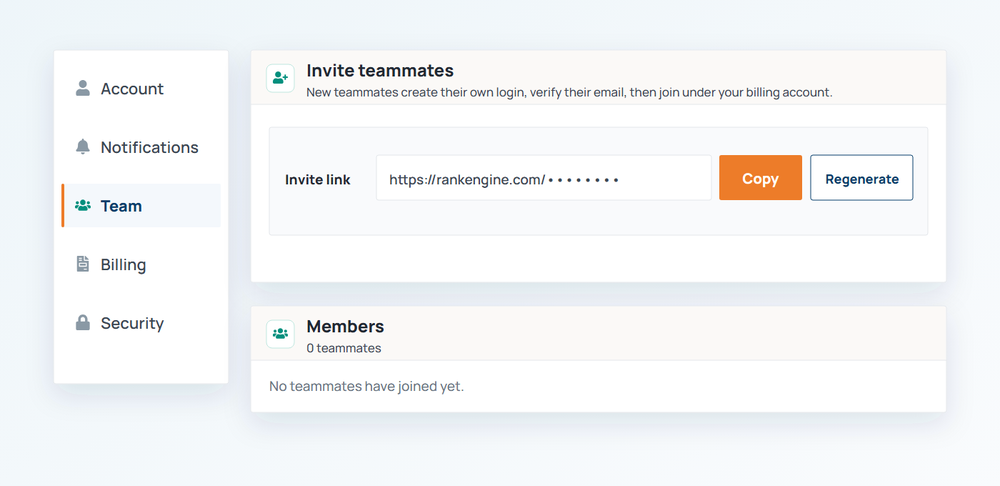 Rank Engine Settings Team tab with a secure invite-link card