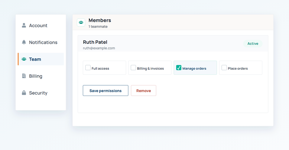 A team-member row with configurable billing, order and account permissions