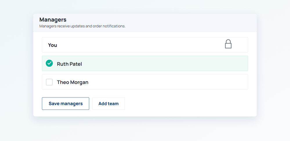 Order Managers control with the billing owner fixed and teammates available to select