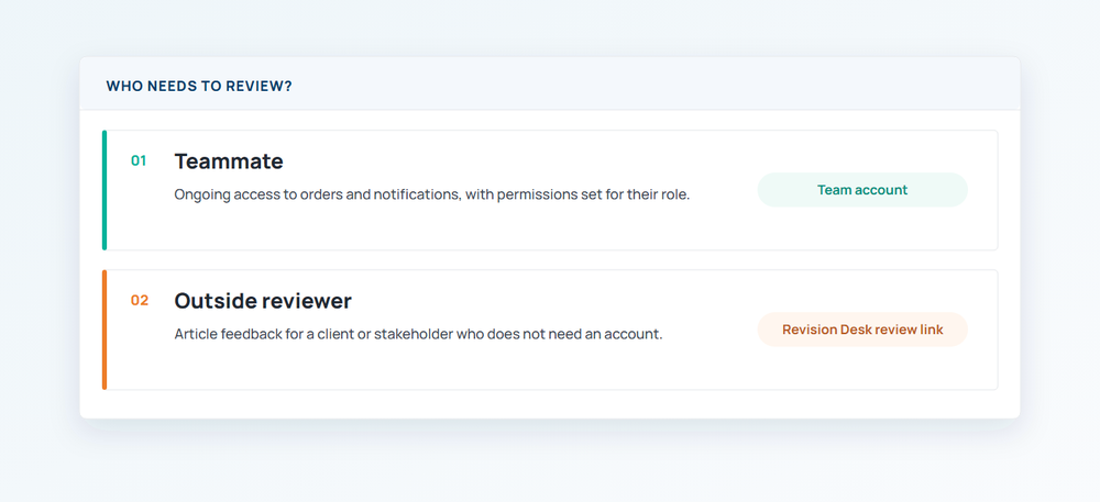 Role-based Team access compared with a review link for an external stakeholder