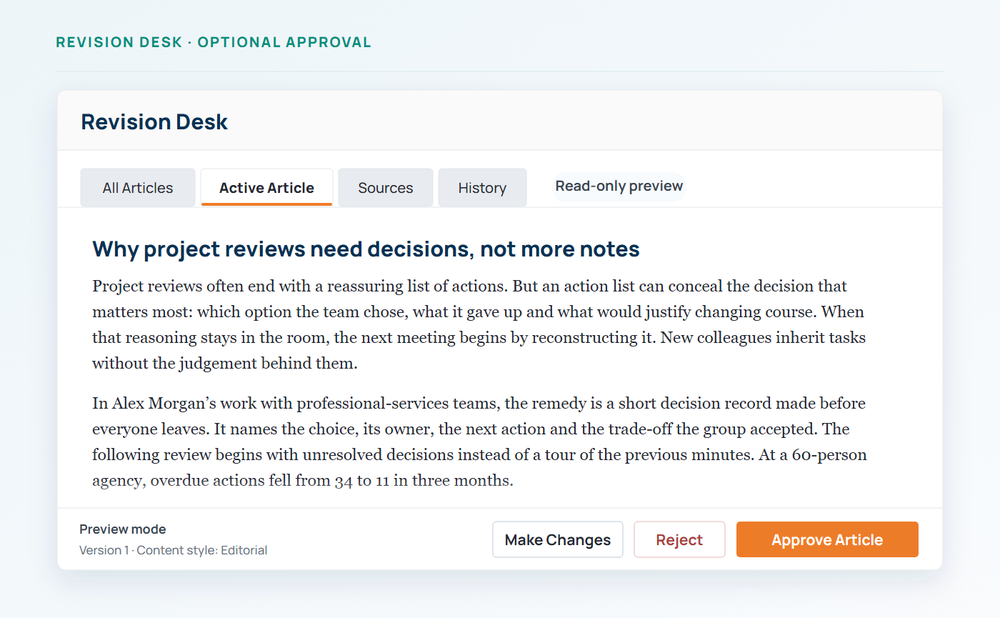 Revision Desk preview used to review an expert article before publisher outreach