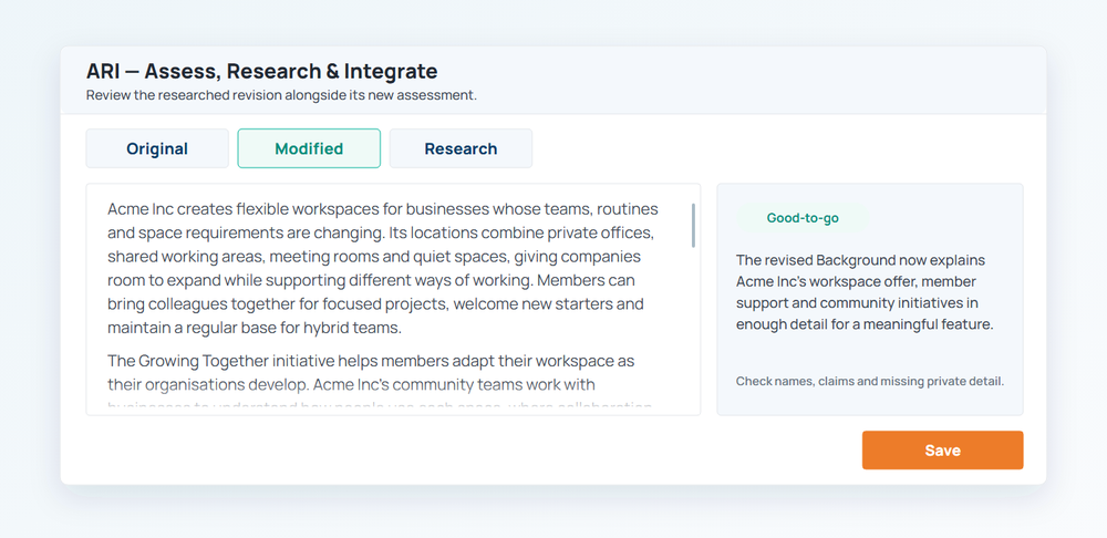 ARI Original, Modified and Research tabs with a reassessed Background ready for review