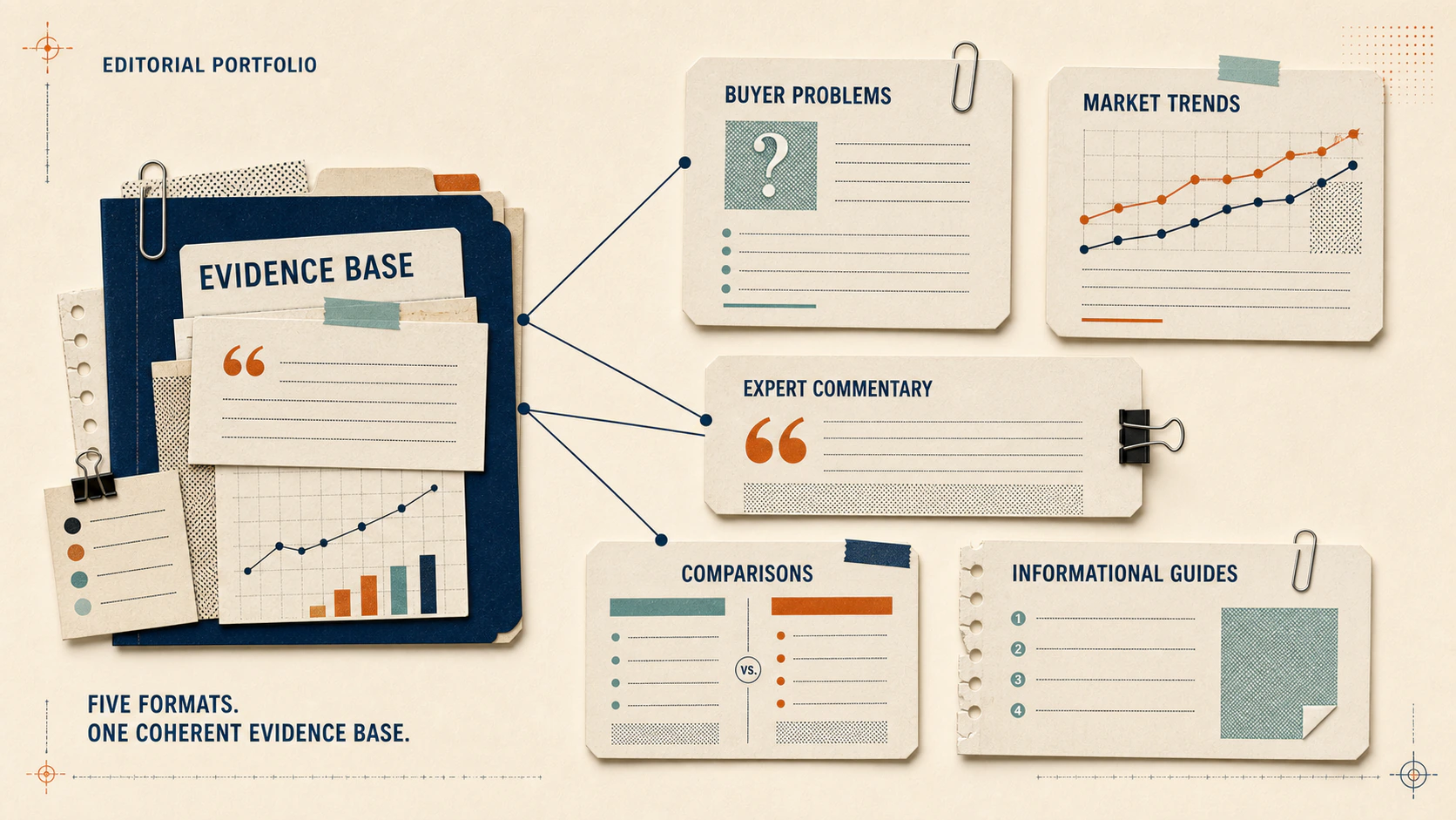 One evidence base connected to five editorial formats: buyer problems, market trends, expert commentary, comparisons and informational guides.