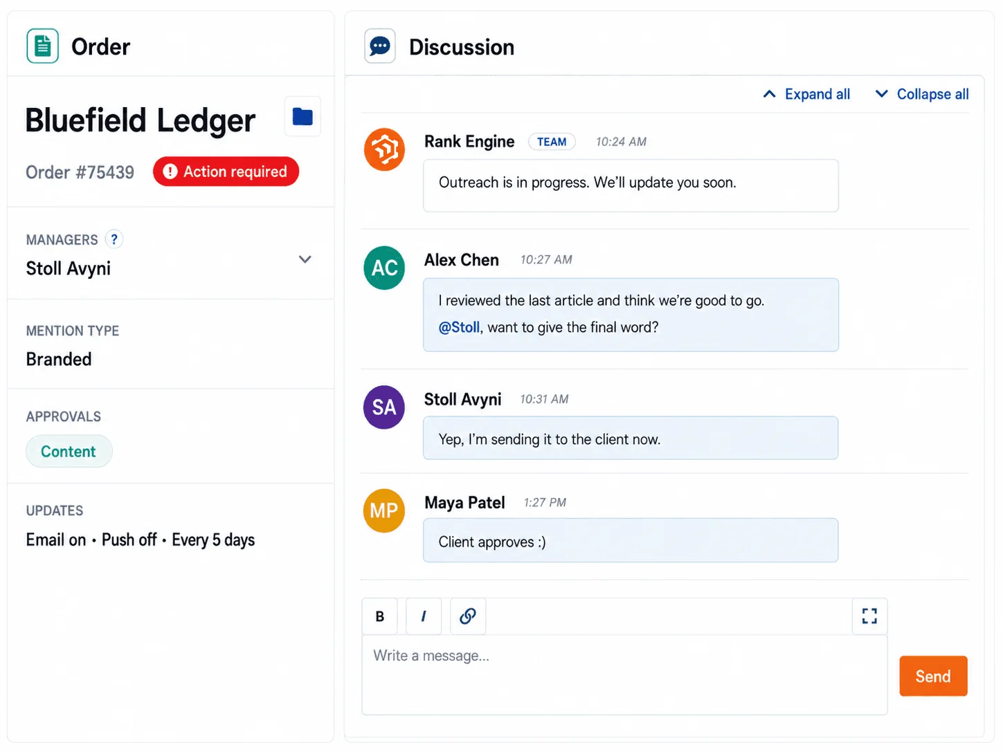 Rank Engine team discussion and collaborator workflow