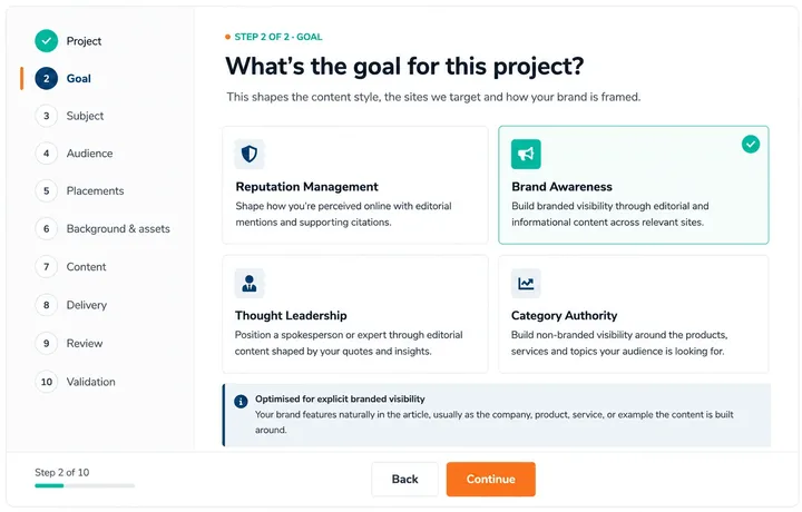 Rank Engine Project Builder campaign goal selection