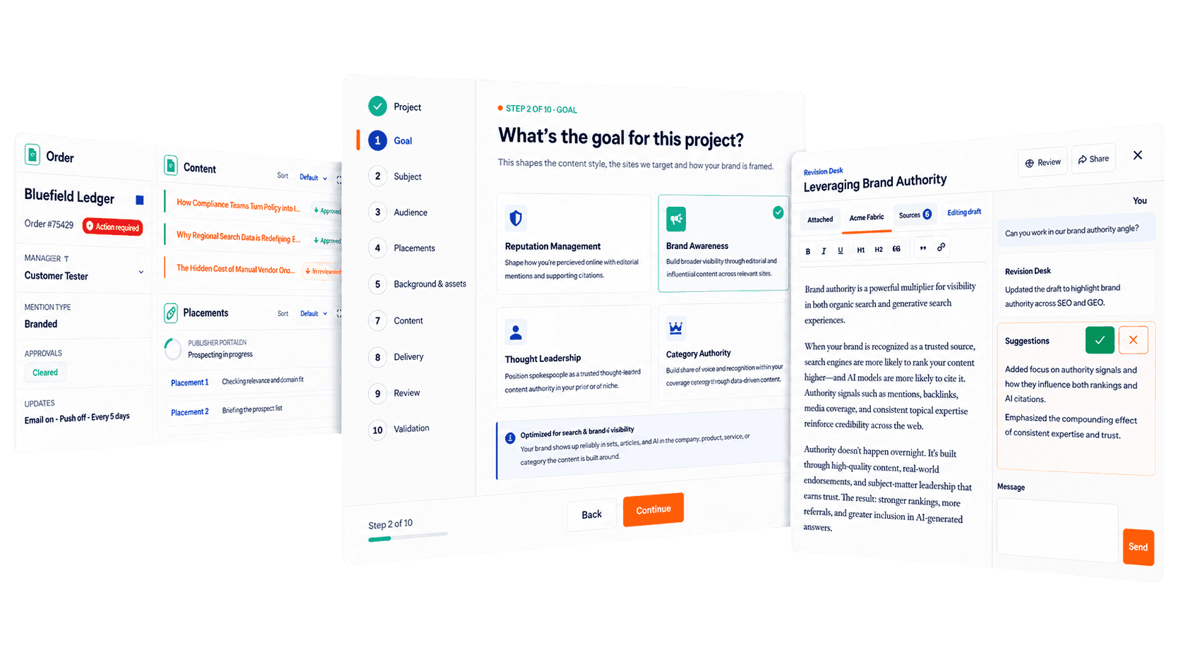 Rank Engine Project Builder, order management and Revision Desk workflow screens