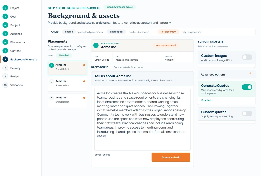 Rank Engine Order Setup Background & assets screen with three Acme Inc placements, company source material, an ARI assessment control and Generate Quotes enabled