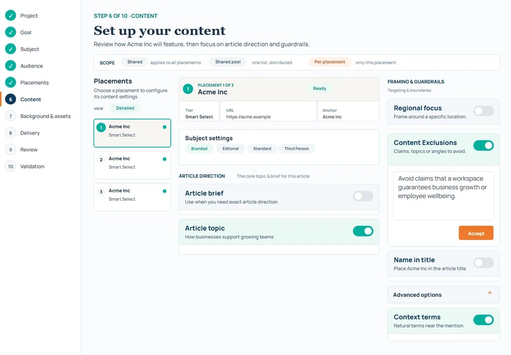 Rank Engine Order Setup Content screen with Acme Inc subject and article settings, Content Exclusions expanded to avoid unsupported growth and wellbeing claims, and Context terms enabled